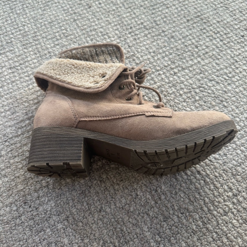 light brown/beige booties with fuzz on the outside